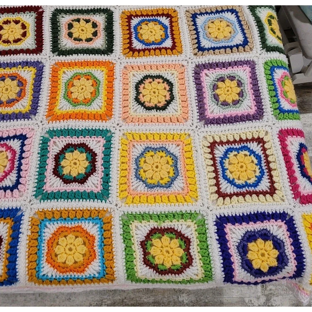 Vibrant Handmade Crochet Granny Square Afghan Blanket MultiColor Floral Sunburst